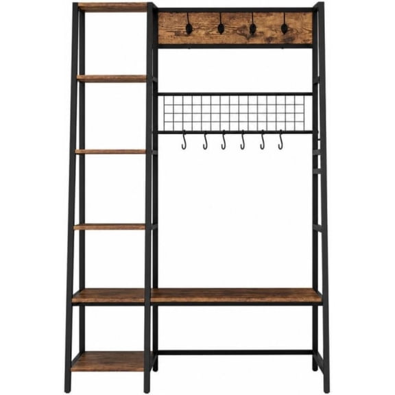 Hall Tree with Bench and Shoe Storage, Entryway Coat Rack with 8 Hooks and Side Shelves for Mudroom, Brown/Natural
