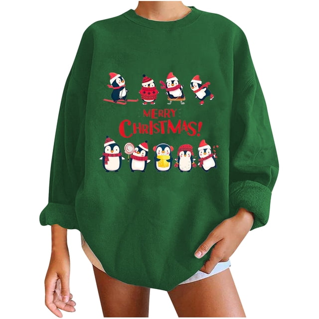 Pompotops Automne et Hiver Femmes Pull Imprimé de Noël Col Rond Manches Longues Blouse Unie Hauts Chandails en Molleton