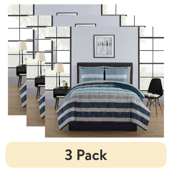 (3 pack) Mainstays 7 Piece Reversible Bed in a Bag Comforter Set with Sheets, Blue and Grey Stripe, Full