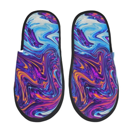 Balery Swirl Print Blue Purple Slient Indoor Furry Fleece Comfort House Shoes Soft Non-Slip Home Shoes Cotton slippers House Slippers-- Large
