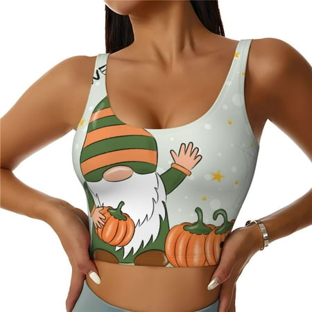 Adobk Gnome Holding A Pumpkin Print Sports Bras for Women Longline Workout Crop Tank Tops Padded with Built in Shelf Padded Sports Bra-XX-Large