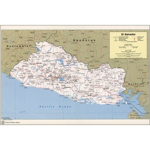 24"x36" Gallery Poster, cia map of El Salvador 1980