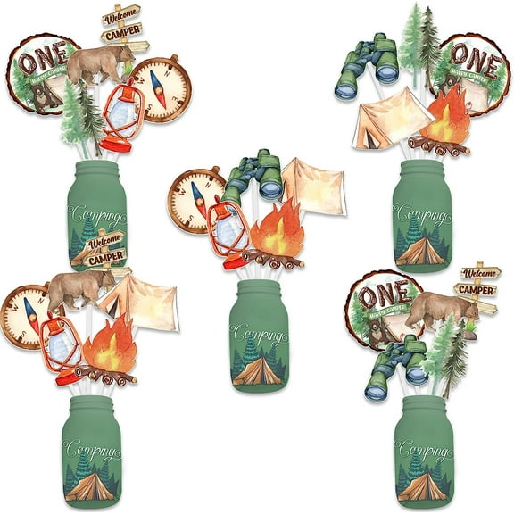 One Happy Camper birthday Decorations Camping Centerpieces, Panda Tent Campfire Tree Green Theme Happy Forest Adventure 1st Birthday Party Decorations, One Happy Camper Table Decorations