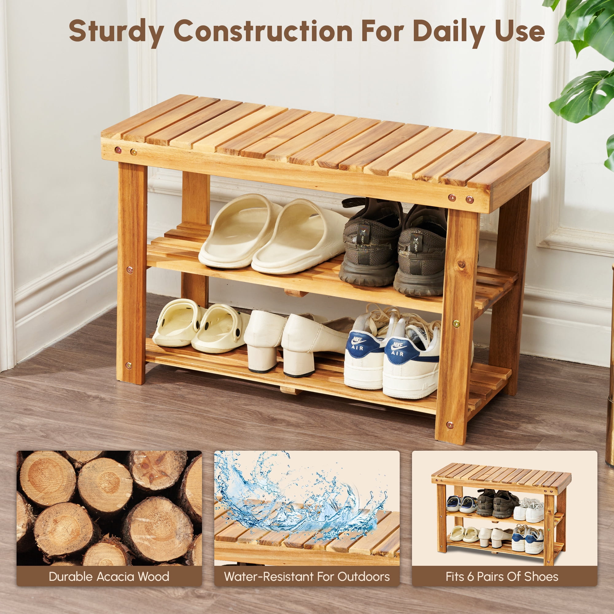 Yoneston Solid Wood Shoes Rack Bench, 3-Tier Storage Rack Organizer for Entryway Bathroom and Hallway, Natural Brown