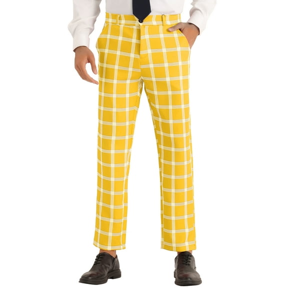 INSPIRE CHIC Plaid Dress Pants for Men's Slim Fit Flat Front Checked Chino Trousers Yellow 30