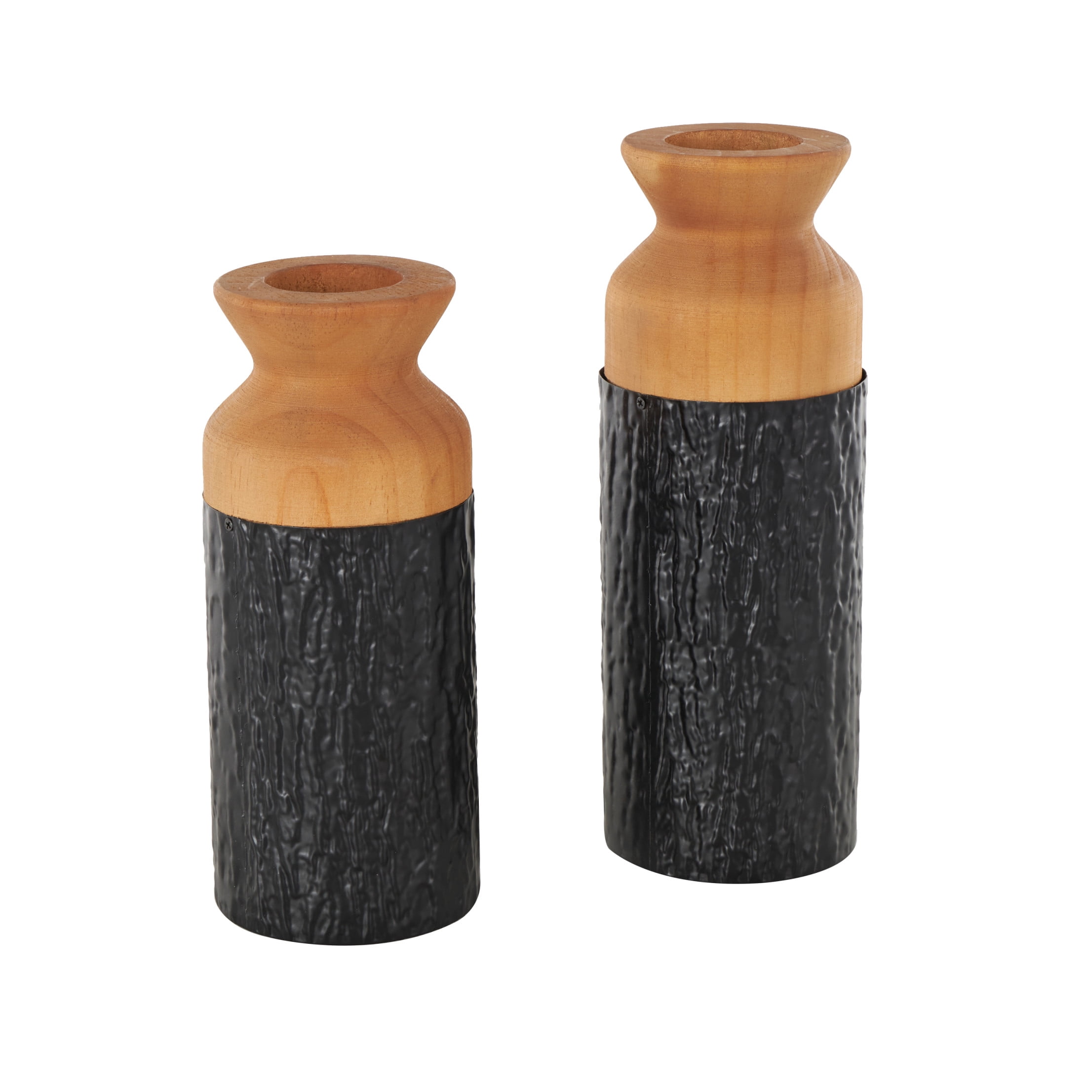 DecMode 11", 10"H Abstract Textured Color Block Black Metal Vase with Brown Wood Tops, Set of 2