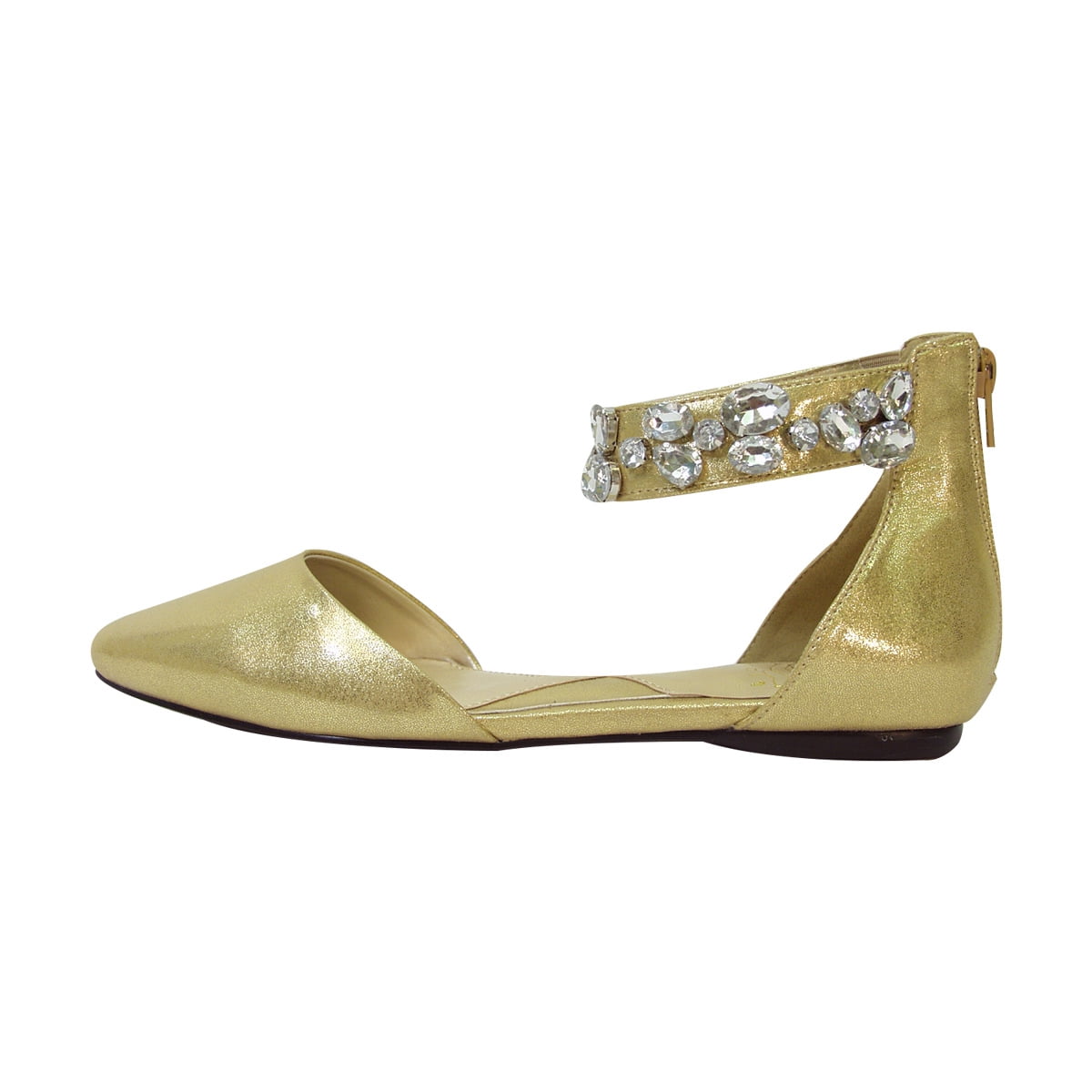 FUZZY Jill Women Wide Width Open Shank Decorative Crystal Elastic Ankle Strap Flats GOLD 9