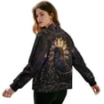 thumbnail image 3 of Xixirimido Women's Bomber Jackets Lightweight Zip Up Jacket Casual Vasity Jacket Coat Outerwear Windbreaker with Pockets, Stained Glass Crow, Medium, 3 of 7