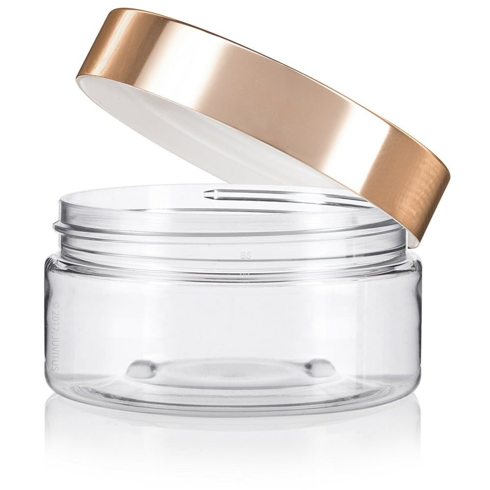 Clear PET Plastic (BPA Free) Refillable Low Profile Jar with Gold Metal Overshell Lid 8 oz (12