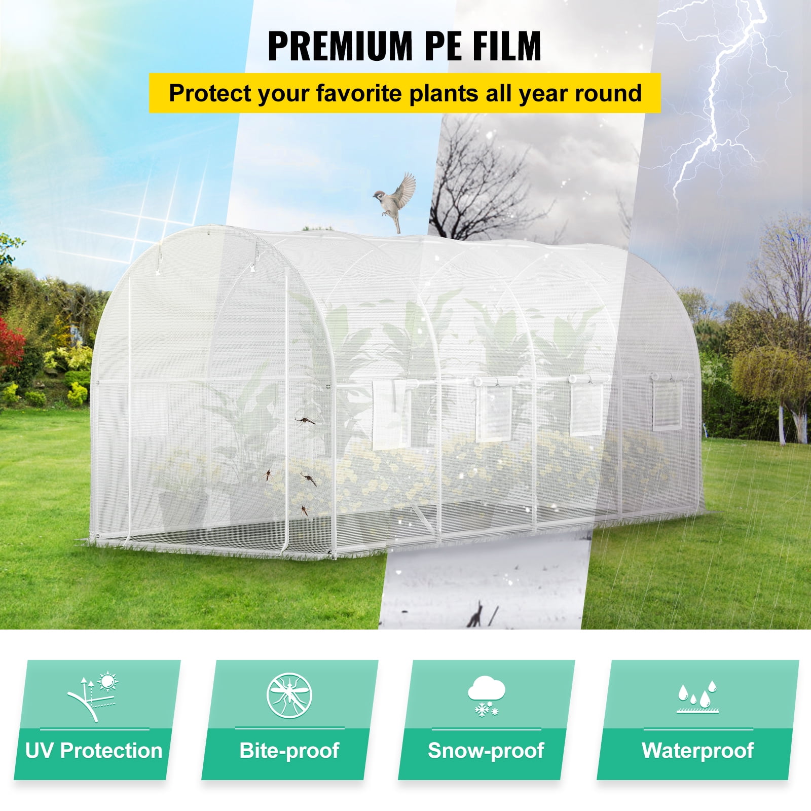 KFFKFF 15 x 6.5 x 7 ft Walk-through Tunnel Greenhouse, Movable Plant Warm House with Galvanized Steel Arches, Single Top Beam, Diagonal Rods, Zipper Entrance & 8 Roll-up Windows, White