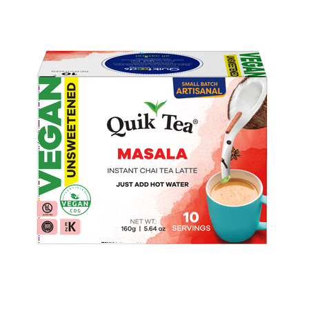 QuikTea Vegan Masala Unsweetened Chai Tea Latte – 10 Count, Bold Masala Flavor, Naturally Caffeine-Light, No Preservatives, No Sugar Added – Just Add Hot Water