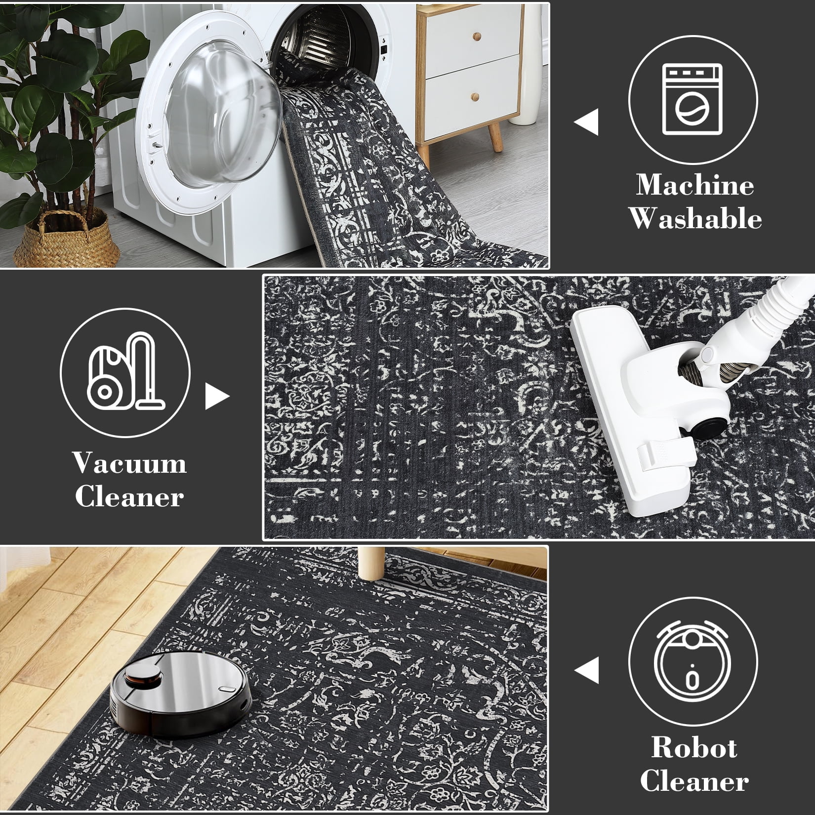Hasoo 4' x 6' Area Rug for Living Room Boho Vintage Rug Non Slip Throw Rugs Floral Indoor Carpet, Black