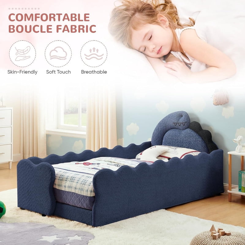 Twin Size Upholstered Platform Bed with Dinosaur Shaped Headboard, Boucle Fabric Kids Bed with Slats Support, Space-Saving Daybed for Girl, Boy, Teenager