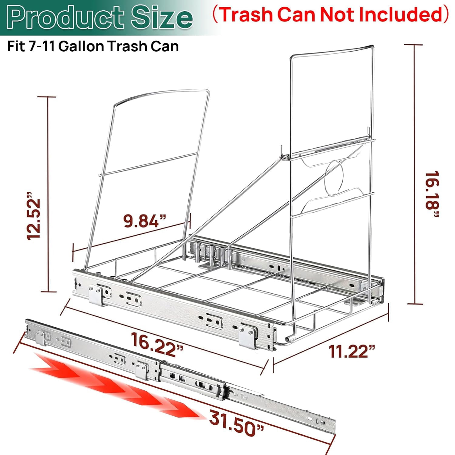 Pull Out Trash Can for Kitchen Cabinet, Stainless Steel Adjustable Slide Out Shelf, Cabinet Trash Can Pull Out Kit, Fits 7-11 Gallon Garbage Bins, Black (Bin Not Included)