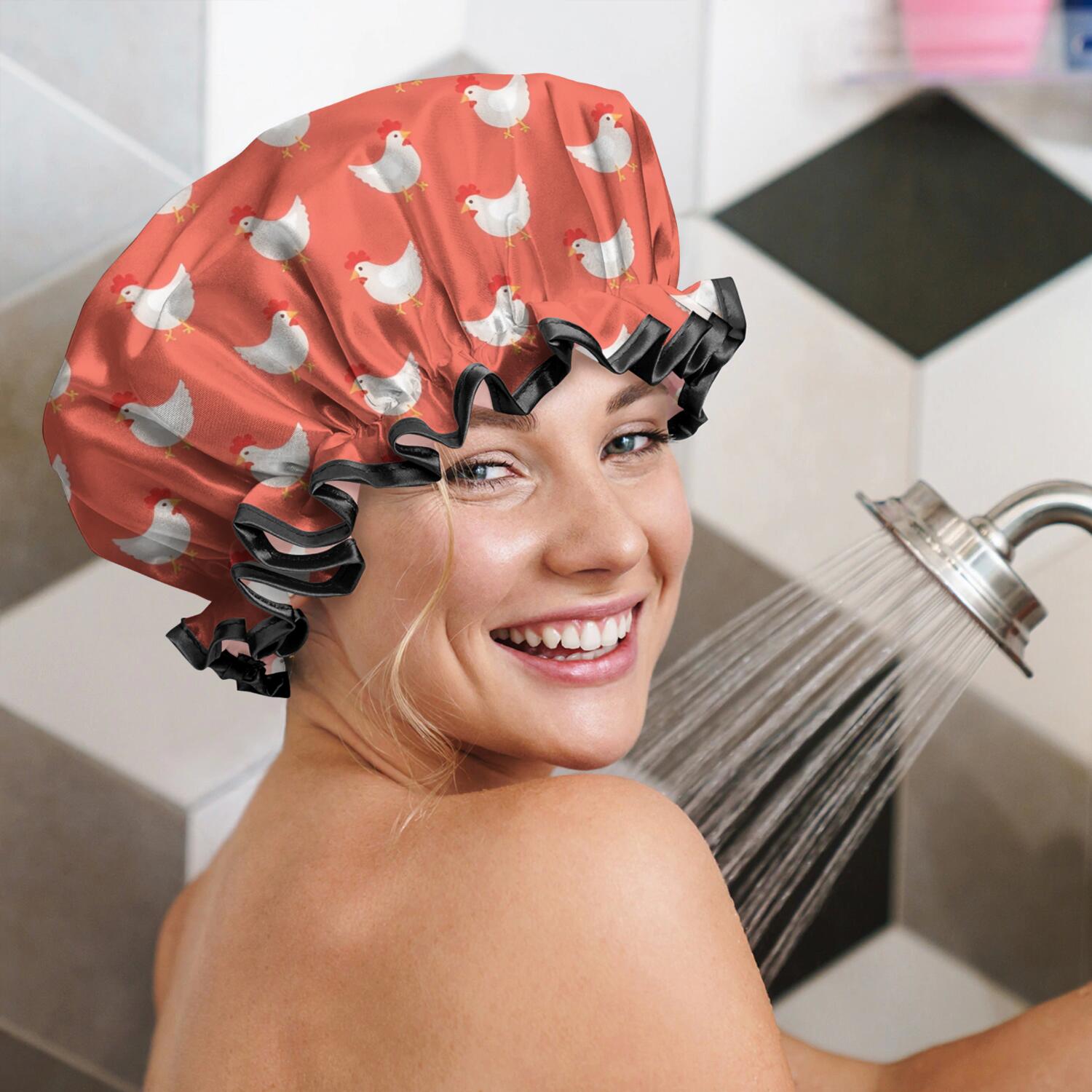 Shower Caps,Red Chicken Pattern Waterproof Shower Cap for Women 4 Pieces,Double Reusable Hair Cover for Shower PEVA Elastic Stretch Hem