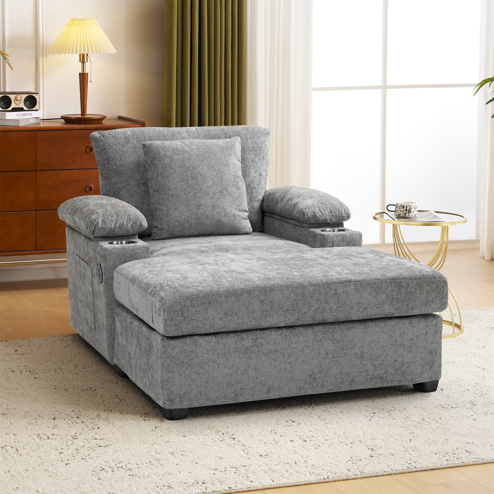 Alvantor Oversized Lounge Chair with Ottoman, Chenille Accent Armchair with Cupholders & USB Charging for Living Room Grey