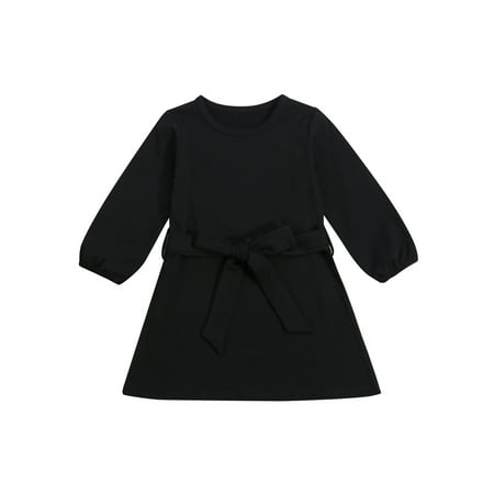 

Canrulo Toddler Baby Girl Casual Dress Solid Color Long Sleeves Loose Skirt with Belt Fall Winter Clothes Black 4-5 Years