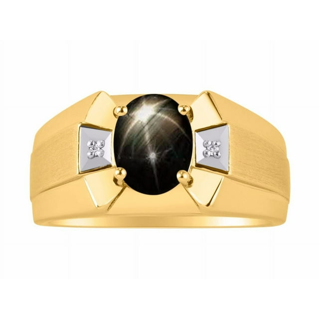 RYLOS Men's Rings 14K Yellow Gold Rings Classic Designer 9X7MM Gemstone & Diamond Ring Black Star Sapphire March Birthstone Ring Size 13