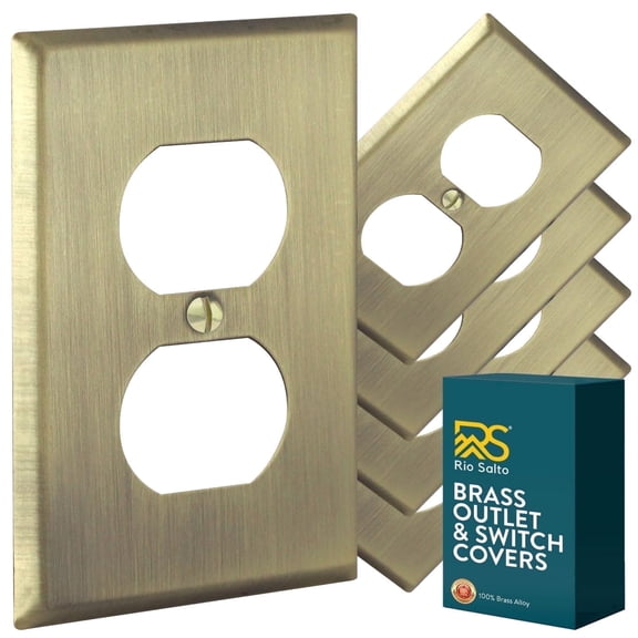 Rio Salto BRASS Signature Collection Metal Duplex Antique Gold Metal Outlet Cover STANDARD SIZE Light Switch Cover Wall Plate Single Receptacle Wallplate Covers Matte Gold (Duplex, 1-Gang, 5-Pack)