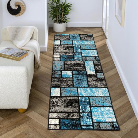 LUXE WEAVERS Modern Geometric Squares 10007 Turquoise 2x7 Area Rug