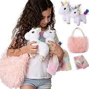 Unicorn Gift for Girls 4 Pcs Set. Baby and Mommy Unicorn Toy, XL Furry Bag and Baby Doll Blanket. Adorable Plush Toy for 3 4 5 Year Old Girl, Unicorn Gift for Little Girl. Birthday,