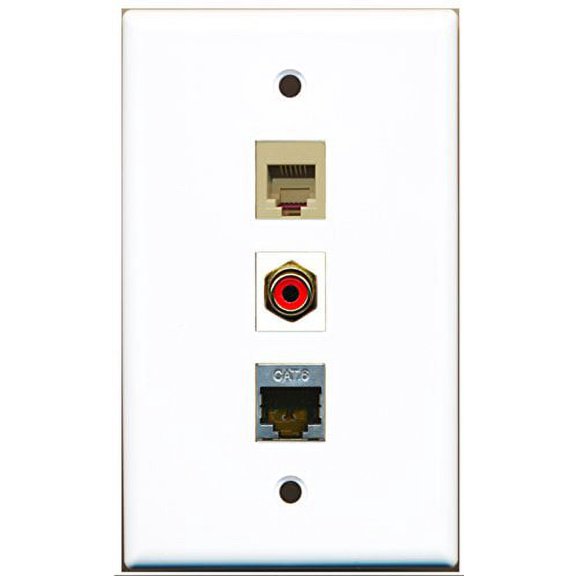 RiteAV - 1 Port RCA Red and 1 Port Phone RJ11 RJ12 Beige and 1 Port Shielded Cat6 Ethernet Wall Plate