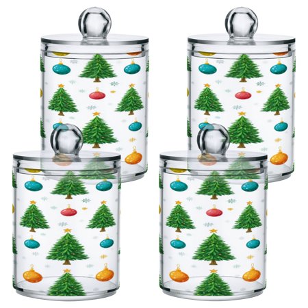 4 PCS Plastic Storage Canister Clear with Lids Airtight Cotton Swabs Cans Bathroom Jar Floss Organizer Christmas Trees and Colorful Balls