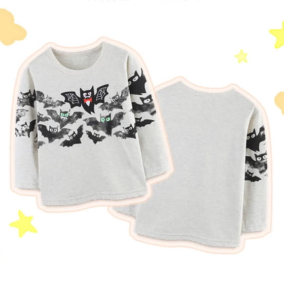 Halloween Girl Sweatshirts Pullovers Crewneck Bat Print Crewneck Pullover Long Sleeve Shirts, Fashion Casual Fall Boys Kids Tops Clothes