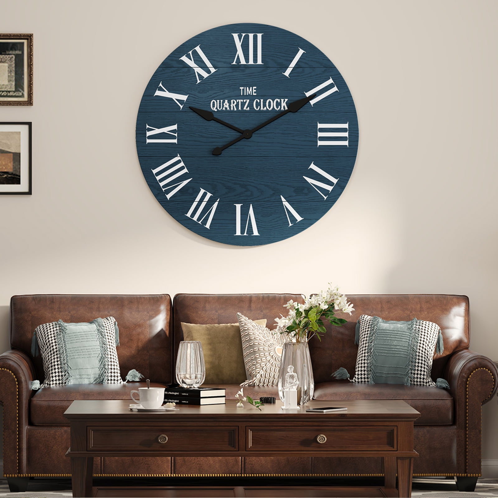HLR 35.5” Farmhouse Large Shiplap Round Wall Clock with Roman Numeral for Living Room Decor, Navy Blue