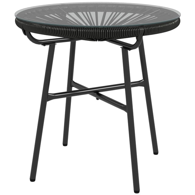 Round PE Rattan Side Table with Tempered Glass Top, Black Outdoor Accent Coffee Table with Powder Coated Metal Frame for Patio, Garden, and Backyard, 19.7" x 19.7" x 19.7"