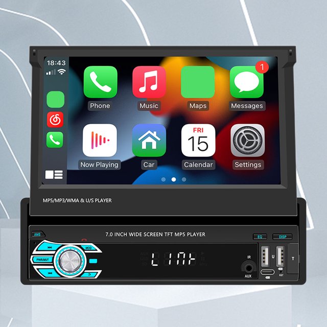 radio de coche de 7 pulgadas cámara de marcha atrás carplay android sistema de audio automático usb radio fm 7" pantalla táctil desplegable con interfaz CarPlay visible, carcasa negra con perilla cromada y botones retroiluminados, display LED, entradas USB frontales y traseras, ranura TF y puertos RCA; compatible con Bluetooth 5.1 y Wi‑Fi, admite cámara de reversa; tamaño compacto 175 x 50 mm, ideal para instalación DIN simple.