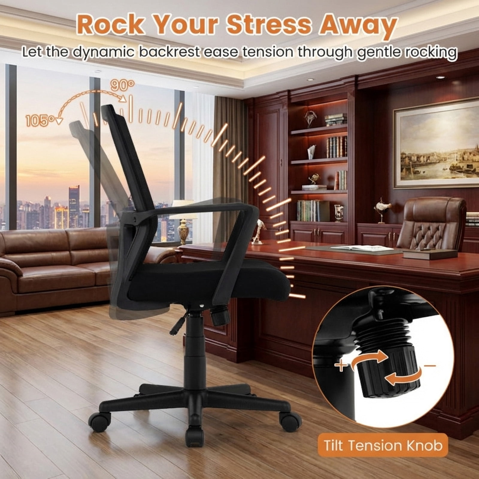 Furnibear Ergonomic Mesh Office Chair Mid Back Desk Chair with Lumbar Support, Rocking Function, Adjustable Computer Chair for Home Office, Black