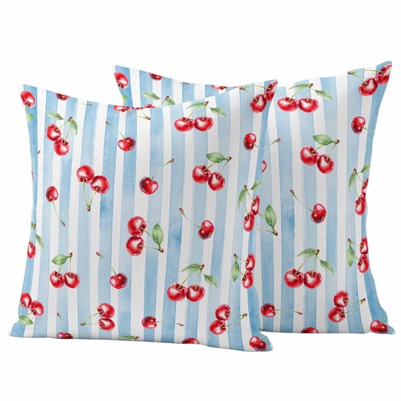 Cherry Farmhouse Outdoor Waterproof Pillow Covers, Spring Summer Fruit Blue Striped Decorative Square Throw Pillowcase Sofa Cushion Sham for Patio/Couch/Chair, 26"x26" 2 Pack
