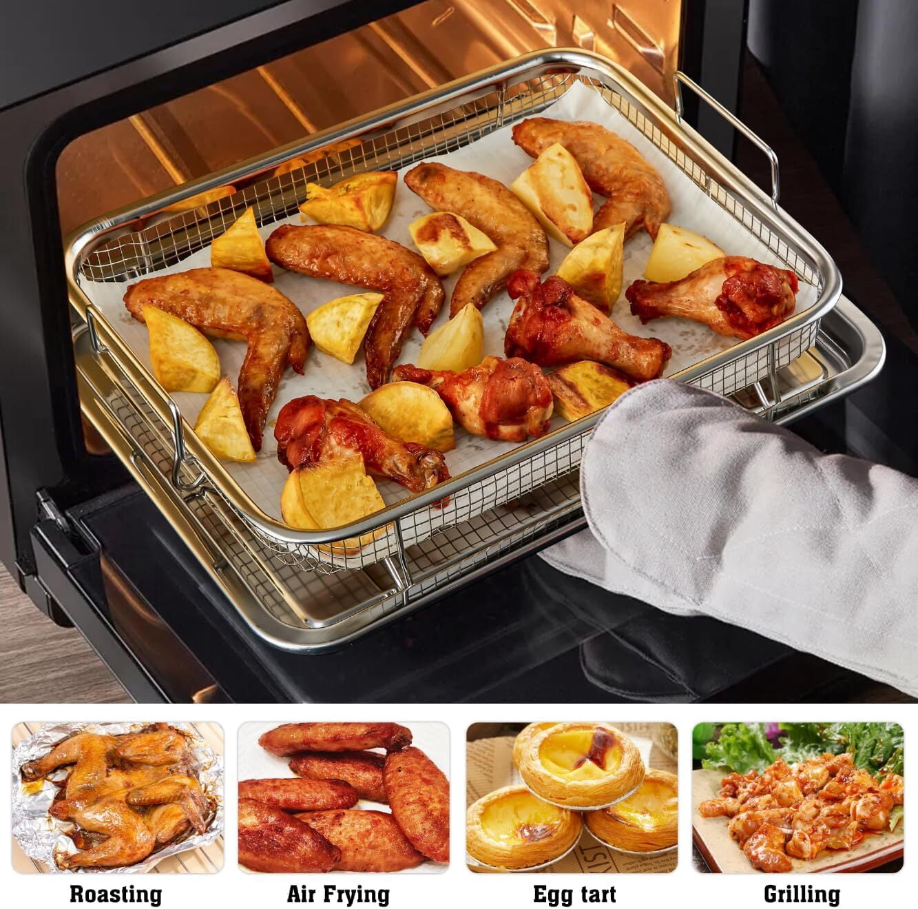 Air Fryer Basket, Air Fryer Tray for Oven, 11"x11" Copper Non-Stick Air Fryer Basket for Oven with Mesh Crisping Grill Basket Tray Bakeware Air Fryer Accessories (2pcs)