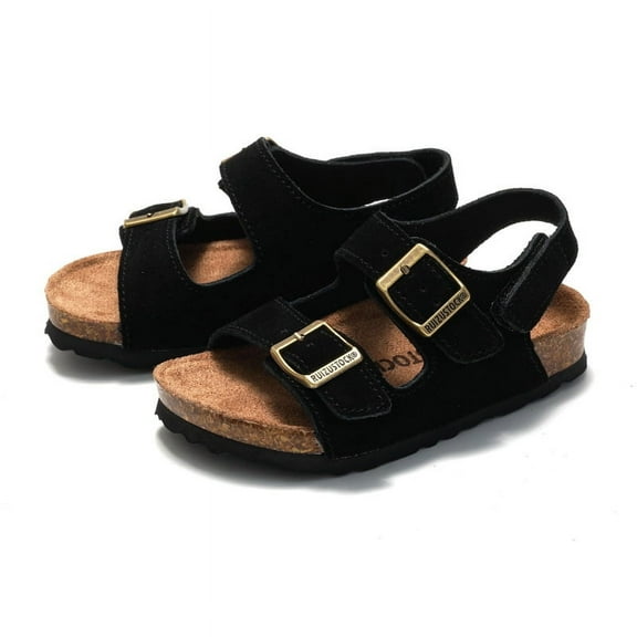 Kids' Genuine Leather Cork Sandals Adjustable Hook & Loop Beach Shoes for Boys & Girls with Non-Slip Sole