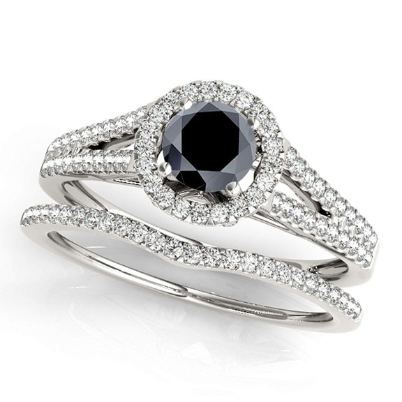1.40 Ct Halo Split Shank Black Diamond Engagement Rings - Bridal Set - 14K Gold