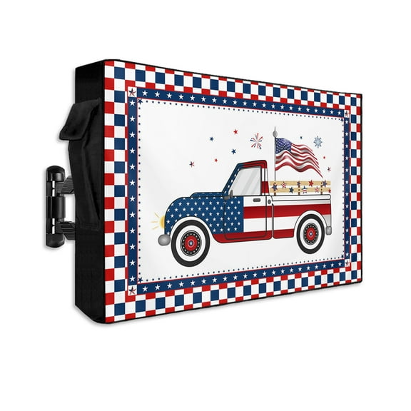 Independence Truck with Celebration Outdoor TV Cover 60 to 65 Inch Waterproof, Red Blue Checker Buffalo Plaid 600D Oxford TV Covers with Zipper, Outside Flat TV Screen Protector 58"Wx37"Hx4.5"D
