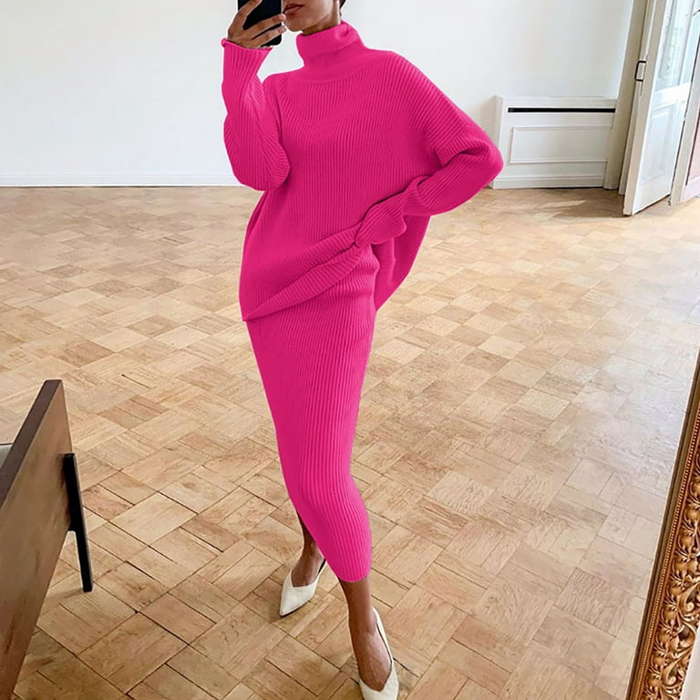 YWDJ Two Piece Outfits for Women Skirt Summer Casual Solid Knitting  Slimming Hip Wrap Long Sleeve Turtleneck Sweaters Skirt Suit Hot Pink XXXL