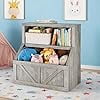 Toy Storage Organizer and Bookshelf Wooden 2 Tier Bookcase Cabinet with Open Storage Cubbies for Playroom Nursery Classroom and Bedroom Gray