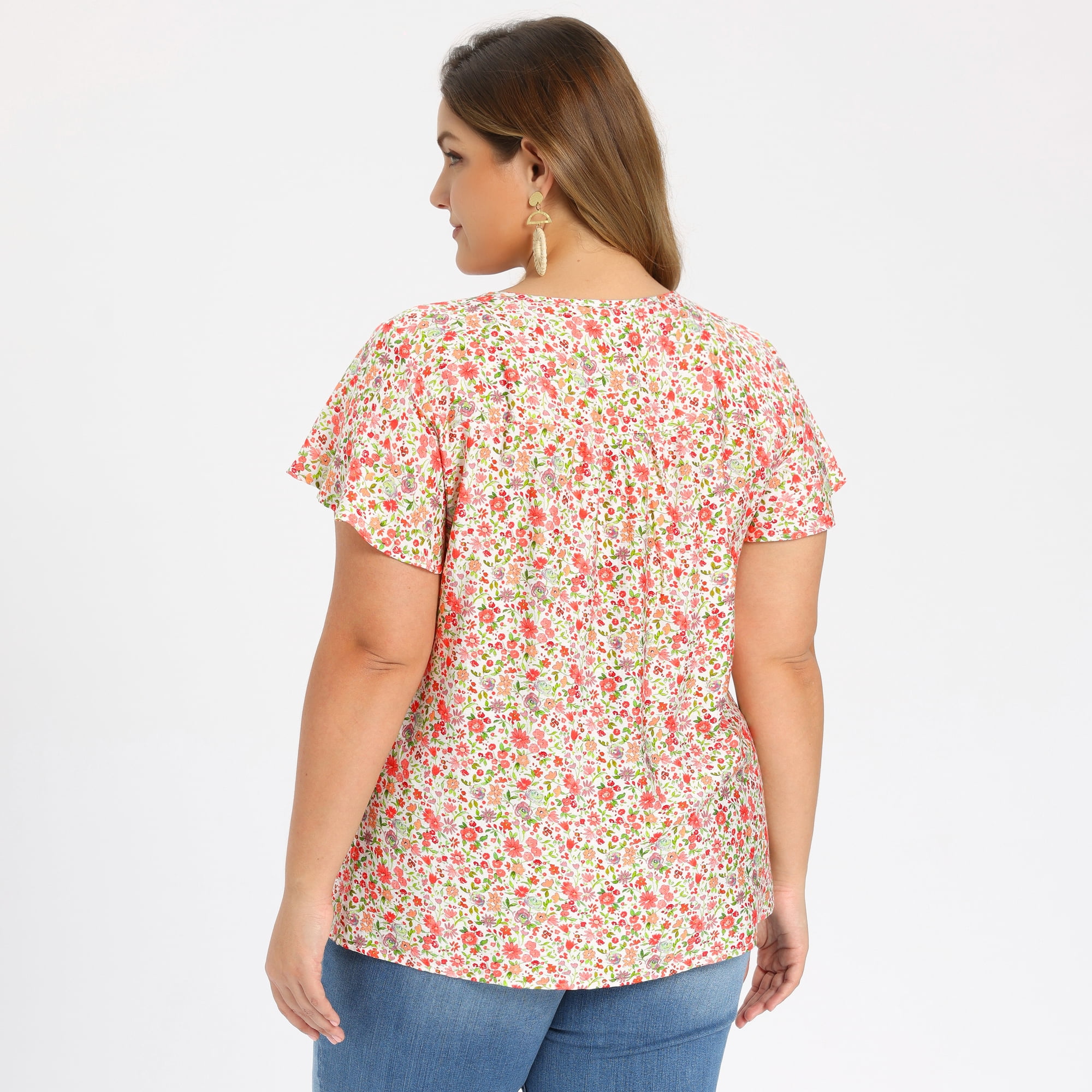 DARING DIVA Women's Plus Floral Tie Neck Blouse with Ruffle Sleeve 4X Pink