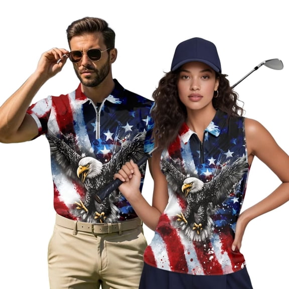 HUIACONG Couples 4th of July Shirts Sleeveless Golf Tops for Women Breathable Mens Short Sleeve Golf Shirt 1/4 Zip Moisture Wicking Quick Dry Lightweight Outdoor Sports Wear Man S