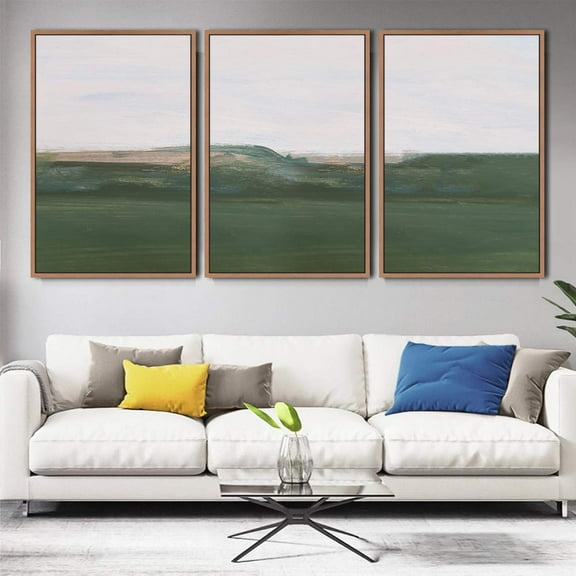 PixonSign Framed Wall Art Set Abstract Green Hill Landscape with Skyline Graffiti Patterns Artwork Neutral Minimalism Bohemian Colorful Modern Prints for Home Decor - 24"x36"x3 Panels Natural