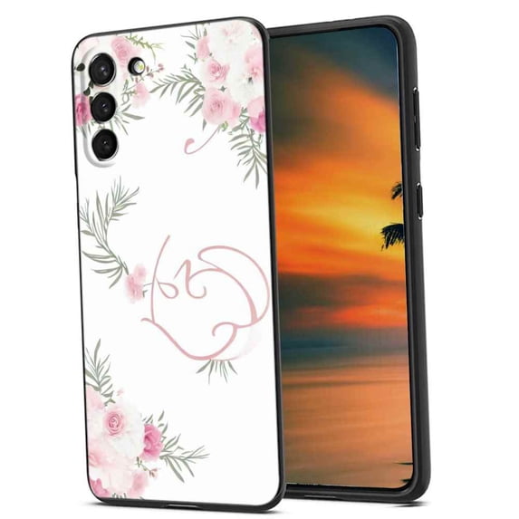 Compatible with Samsung Galaxy S22+ Plus Phone Case, Floral-initial-Flower-Black-Pink-Custom-4 Case Men Women, Flexible Silicone Shockproof Case for Samsung Galaxy S22+ Plus