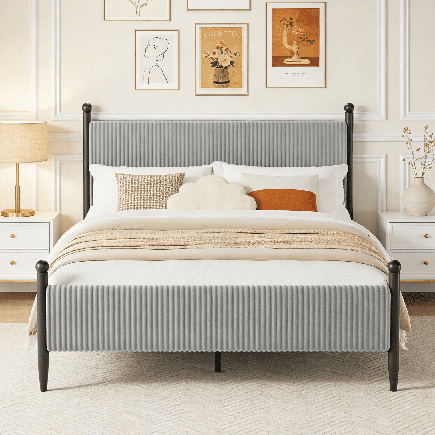 Full Size Upholstered Bed Frame with Velvet Headboard, Soft Corduroy Fabric Platform Bed with Wooden Slats Support, No Box Spring Needed, Grey