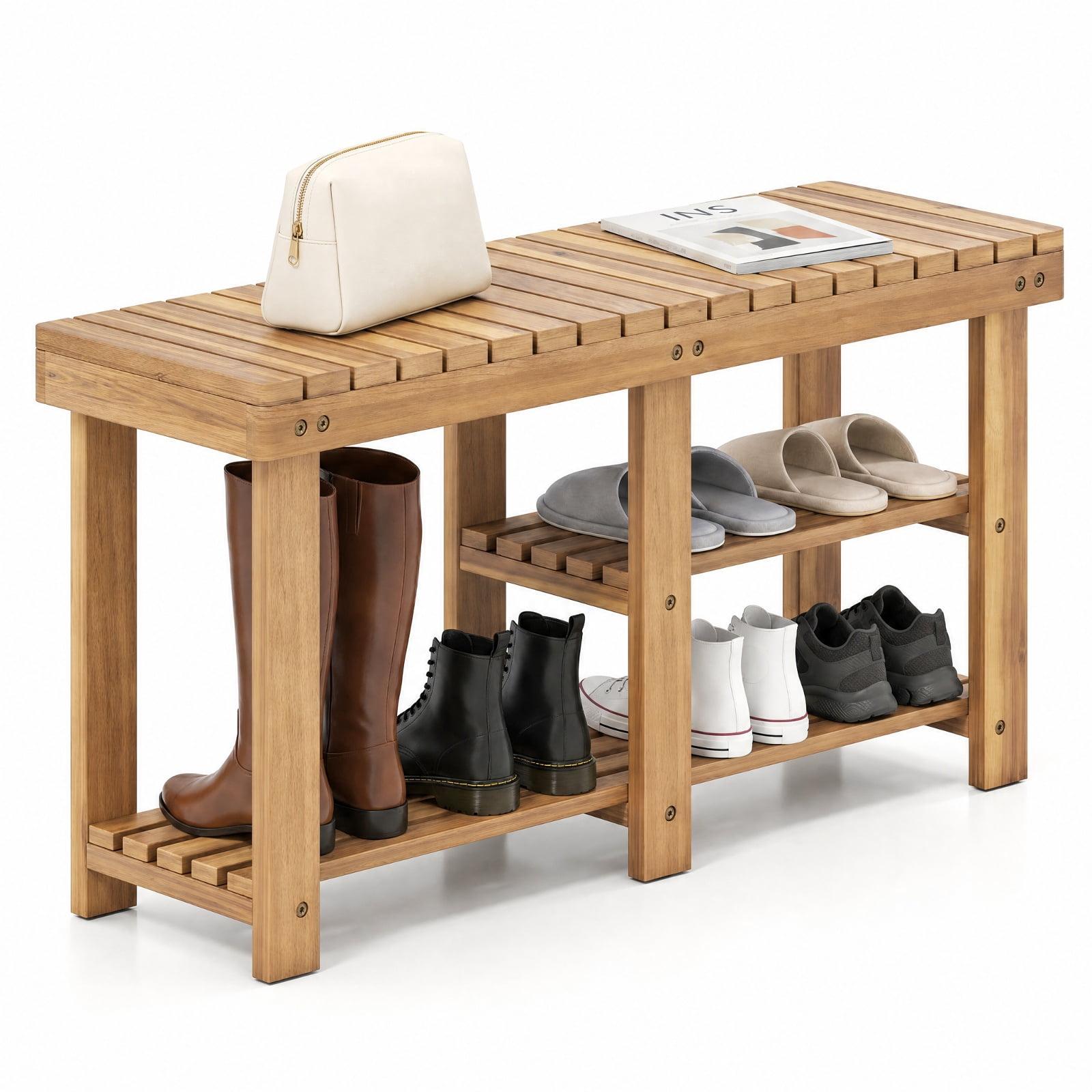 Furnibear 3 Tier Solid Wood Shoe Rack Bench with Slatted Shelves for Entryway Hallway and Living Room Shoe Storage Large Size, Natural