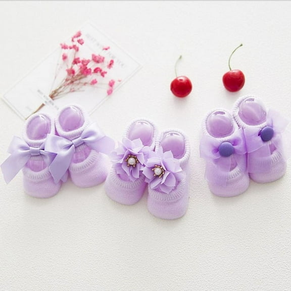 3 Pair Infants Anti Slip Cotton Frilly Bowknot Ankle Socks Newborn Baby Girls Lace Floral Purple Socks