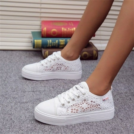 

Women‘s Hollow Out Flat Sneakers White Lace Up Anti-skid Canvas Shoes Casual Low Top Walking Shoes