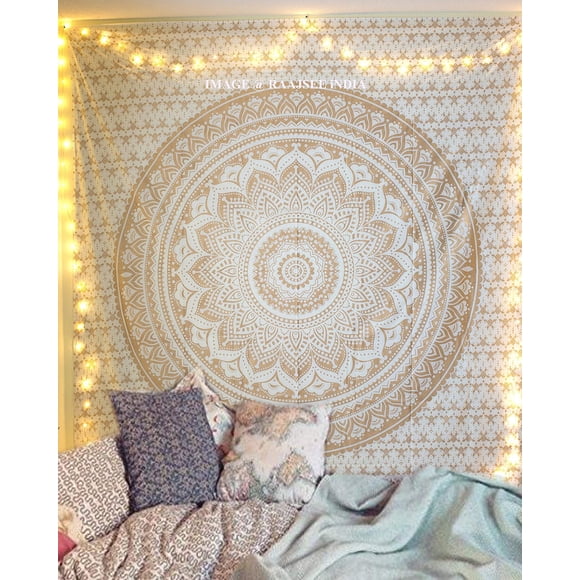 Tapiz raajsee, diseño de mandala dorado brillante, algodón indio, 210 x 230 cm