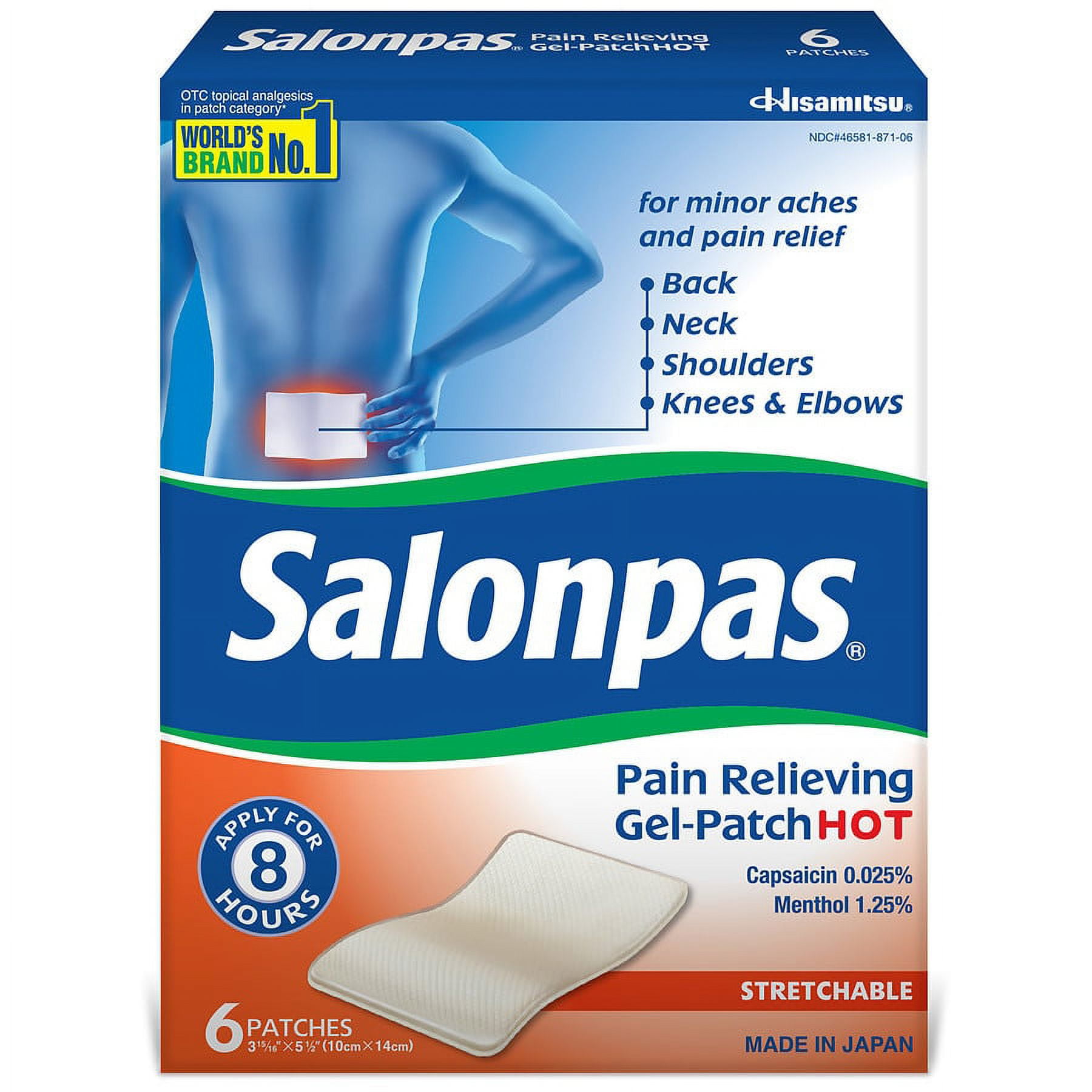 Salonpas Pain Relieving Gel Patches HOT for Back, Neck, Shoulder, Knee Pain and Muscle Soreness - 8 Hour Pain Relief - 6 Count
