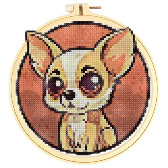Cartoon Chihuahua Dog Cross Stitch Kits for Starter Kits DIY 11CT Pre-printed Patterns Needlepoint Embroidery Cross Stitching Needlework Kit Set Supplies with Hoop 38x38cm